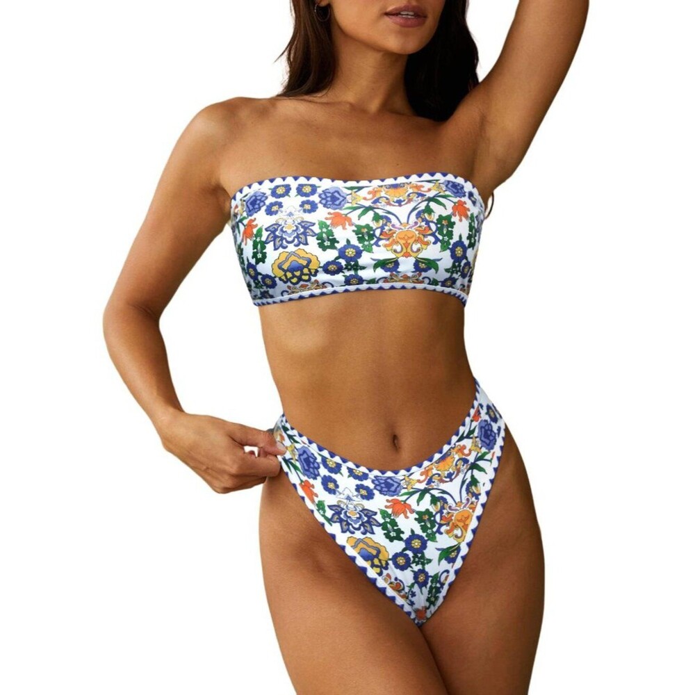 Women Strapless Textured Bandeau Bikini 2 Piece Swimwear Cheeky Solid Lace M